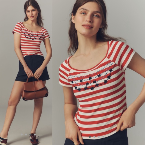 Maeve embroidered flowers scoop neck tee